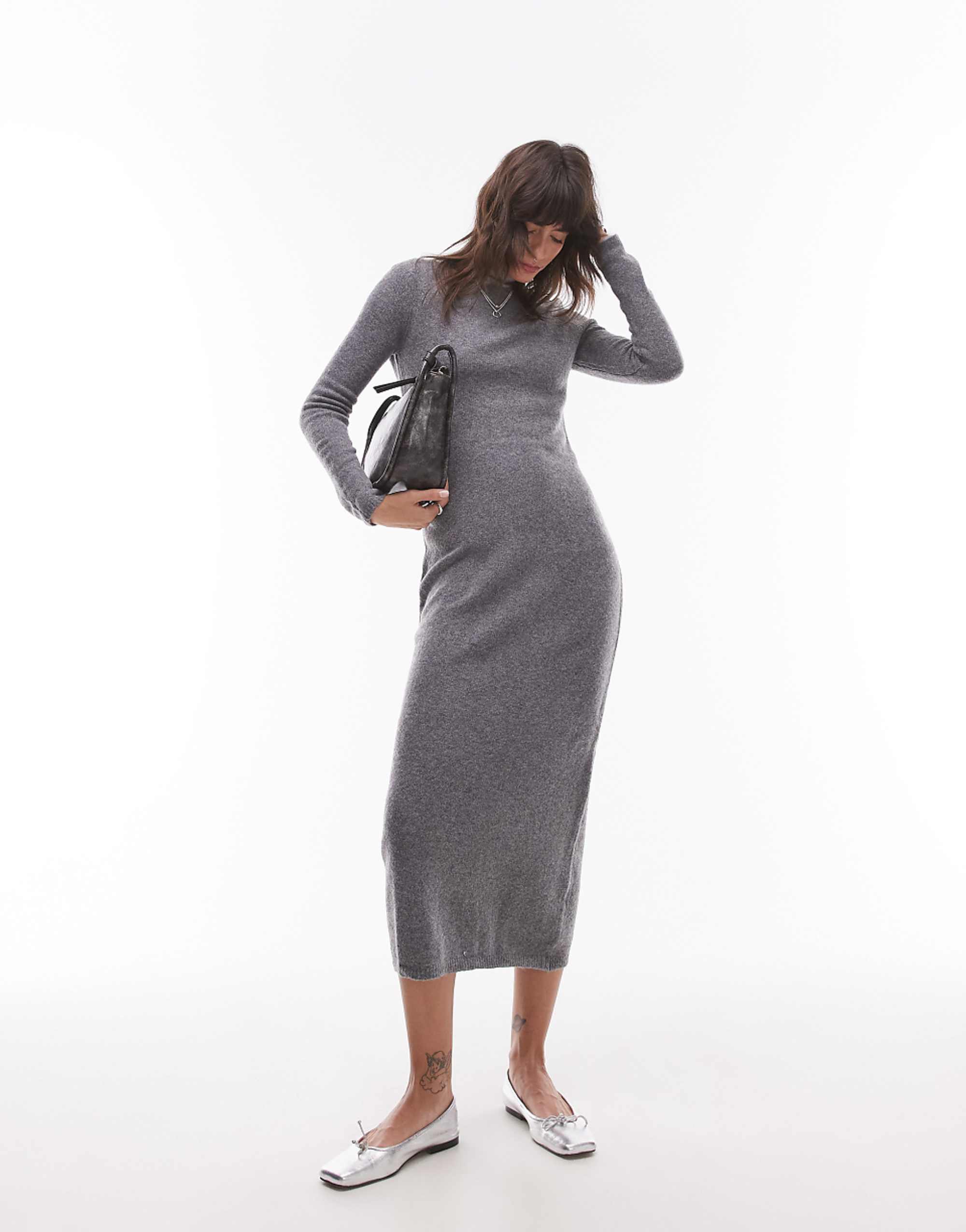 Mango Boat Neck Light Weight Midi Dress in Grey