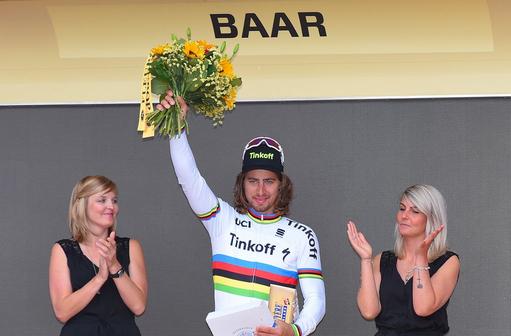Stage 2 winner Peter Sagan on the podium