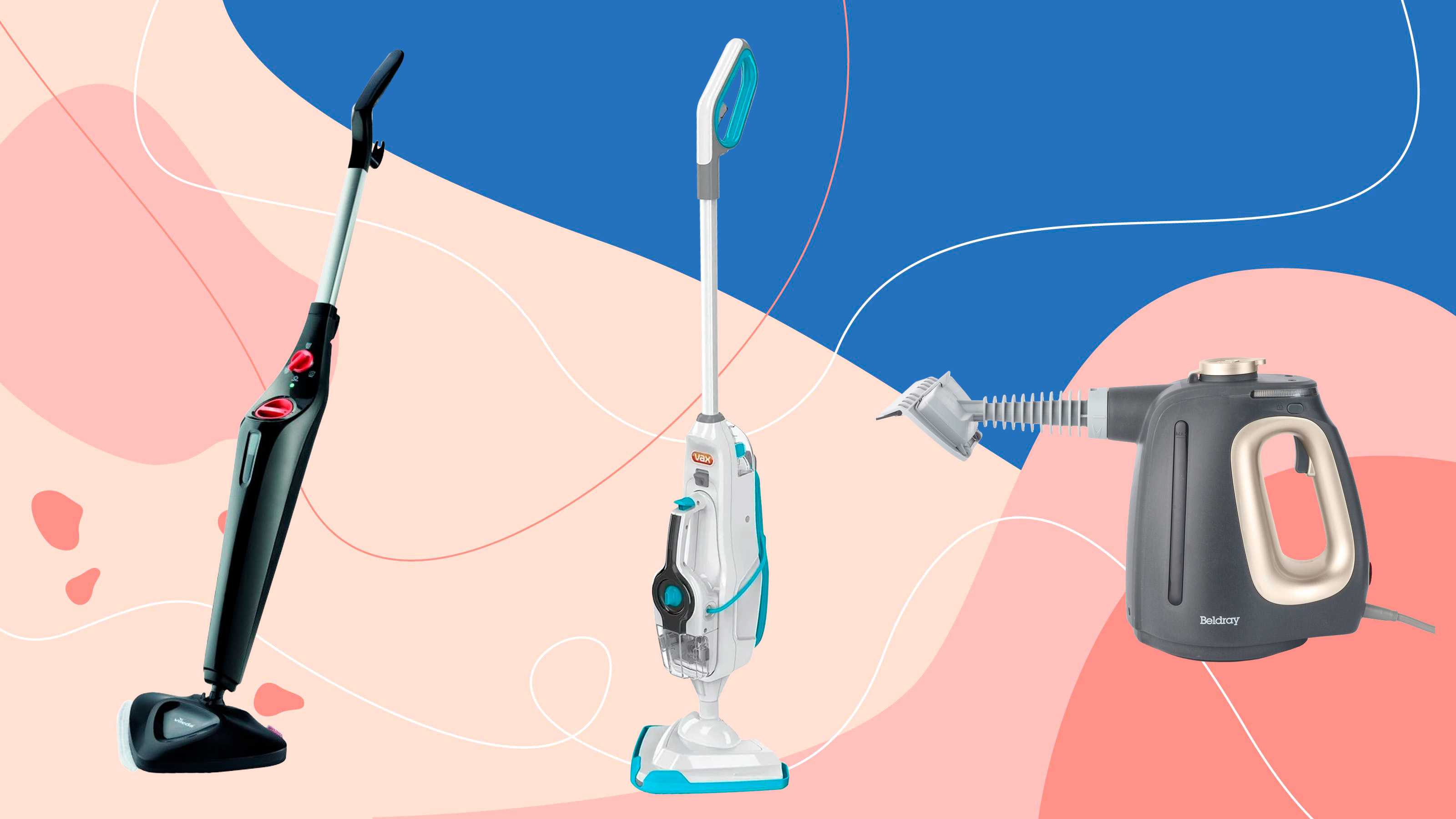 Pink and blue artwork with two steam mops and a handheld steam cleaner on it