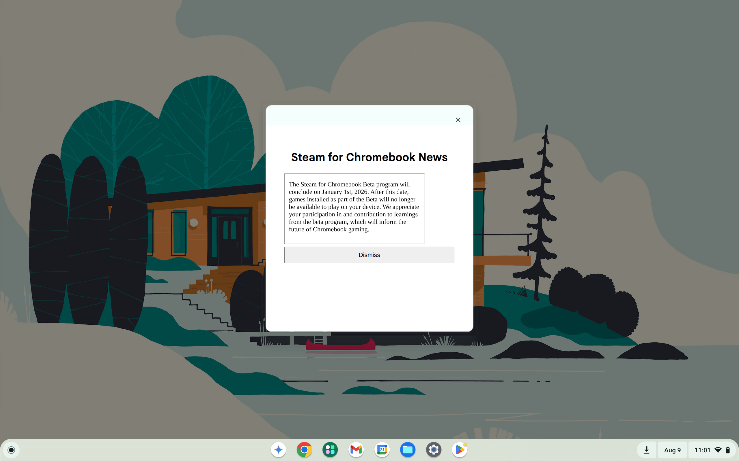 A screenshot of a Steam for Chromebook news message pop up on ChromeOS