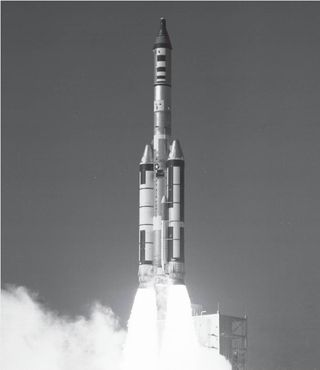 A November 1966 test flight of the Manned Orbiting Laboratory (MOL) using a Titan IIIC-9 booster from Cape Canaveral Launch Complex 40. The flight consisted of a MOL mock-up topped by a refurbished Gemini spacecraft as a Gemini B prototype.