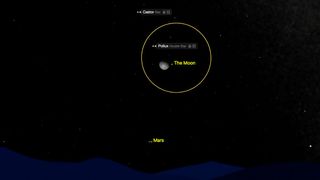 Night sky illustration showing the moon labeled near the star Pollux, part of the Gemini constellation, with Castor labeled above. Mars is labeled lower in the sky near the horizon. A silhouette of hills is visible at the bottom of the image.