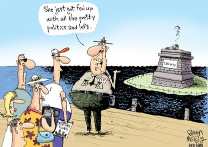 Political Cartoon U.S. Trump Administration Statue of Liberty fed up with politics