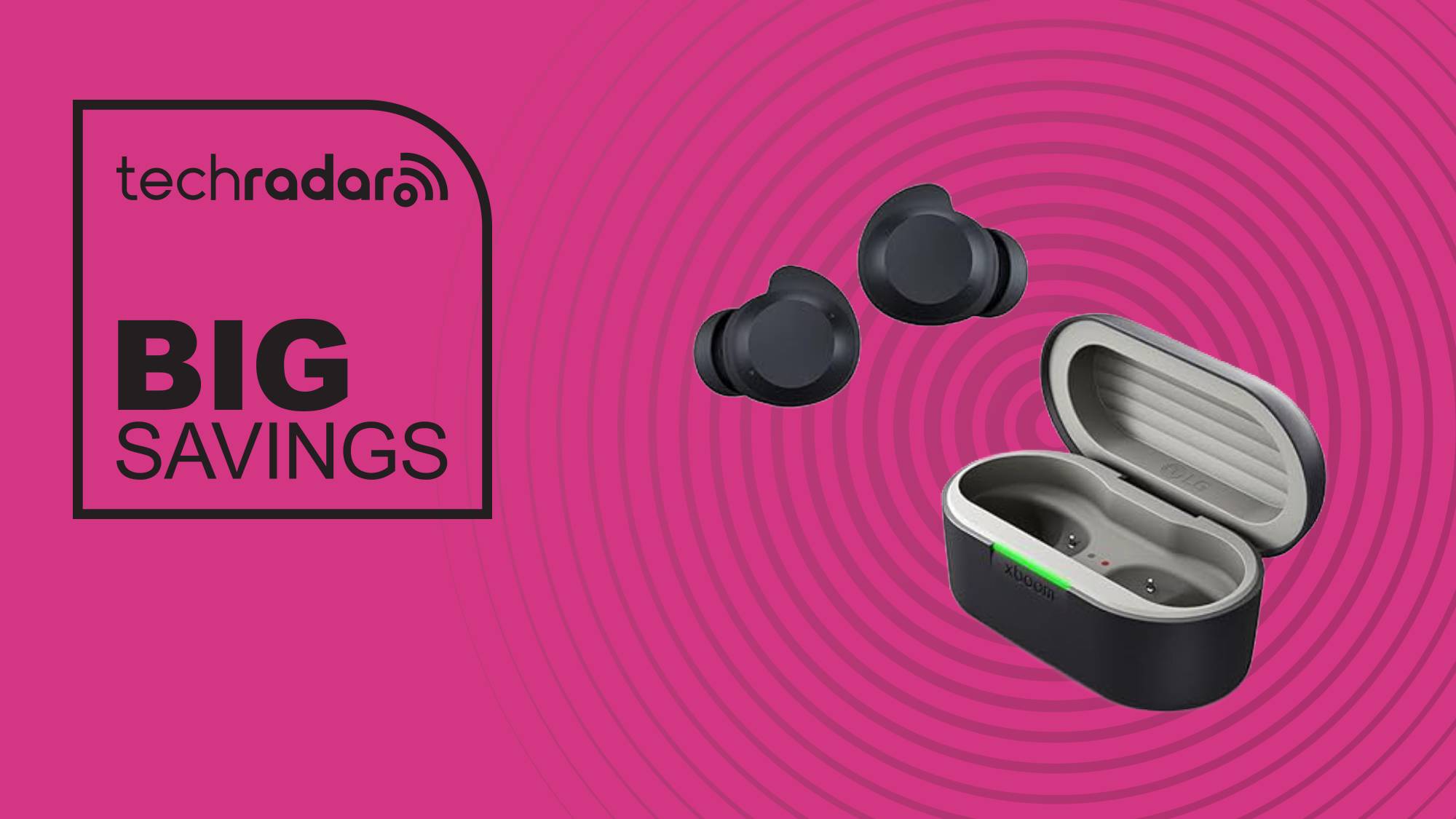 LG xboom Buds on magenta background with the words &#039;TechRadar: big savings&#039; on the left