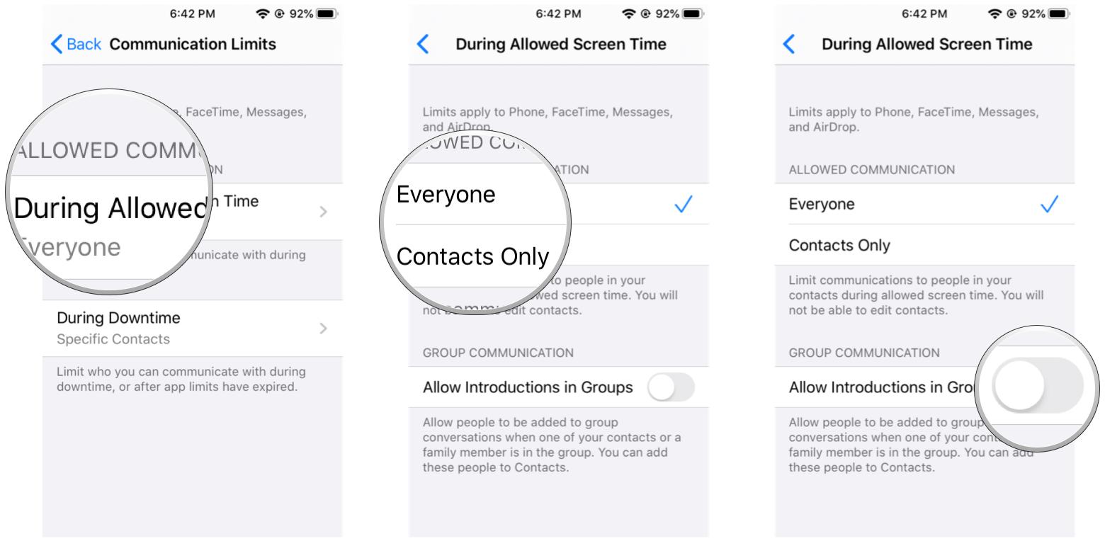 Tap During Allowed Screen Time, select Everyone or Contacts Only, and you can toggle Allow Intro in groups