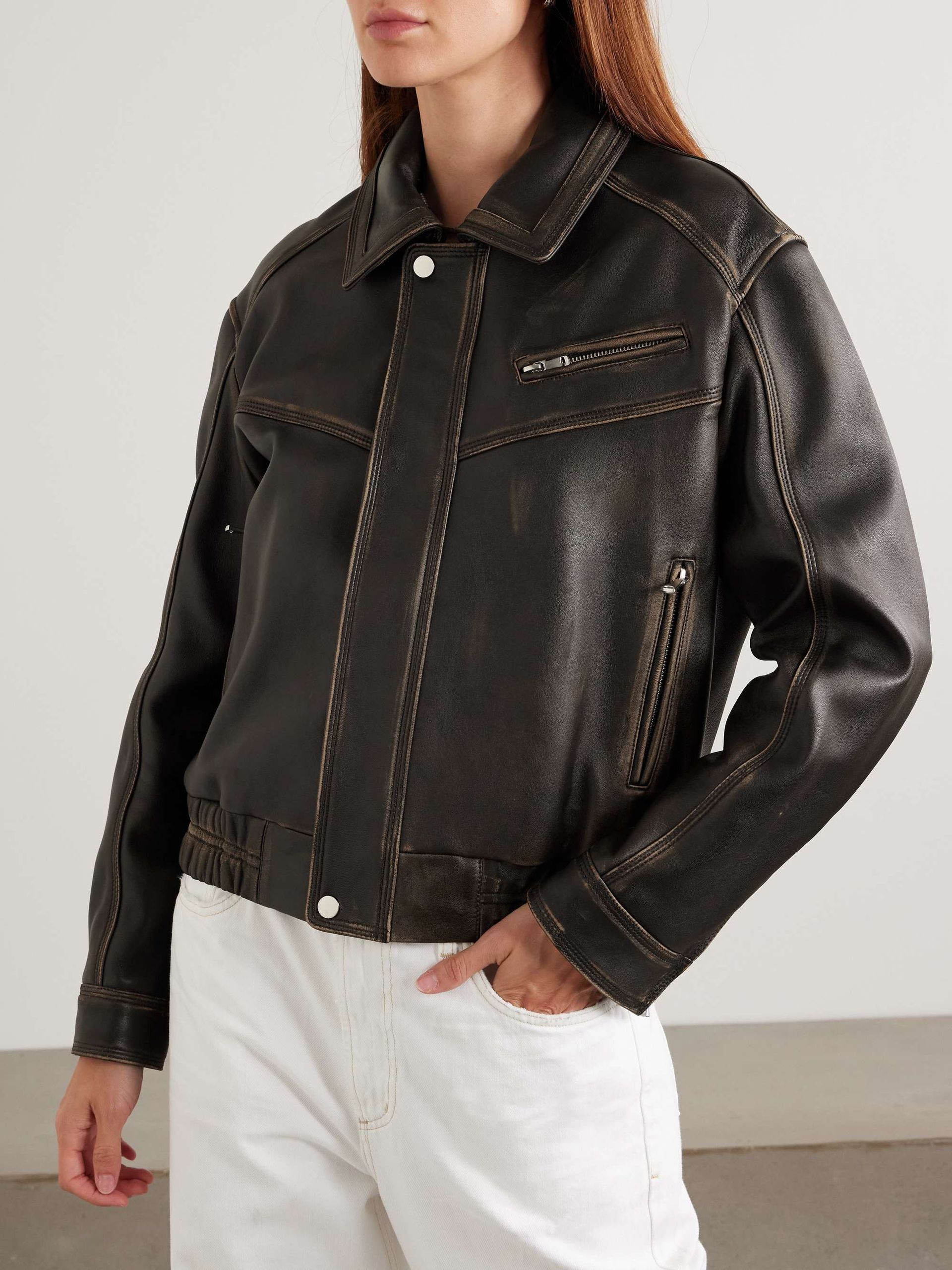 Clint Oversized Paneled Distressed Leather Bomber Jacket