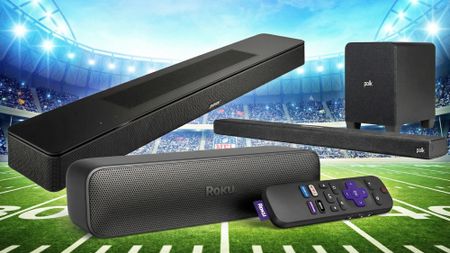Collage of soundbar deals with NFL stadium as background