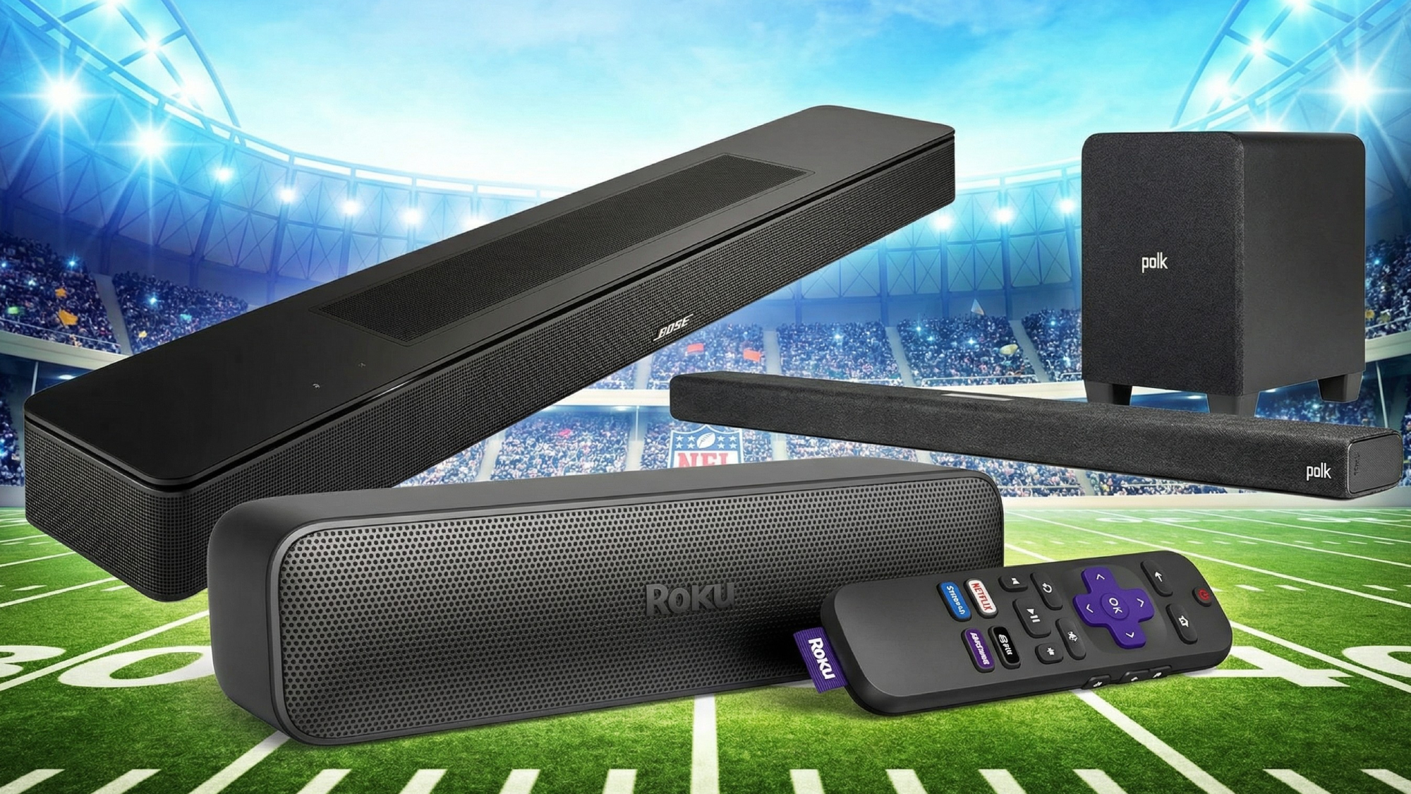 Collage of soundbar deals with NFL stadium as background
