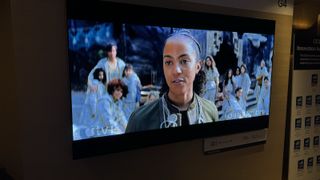 LG G4 OLED TV showing a female actor from Apple TV+'s Foundation