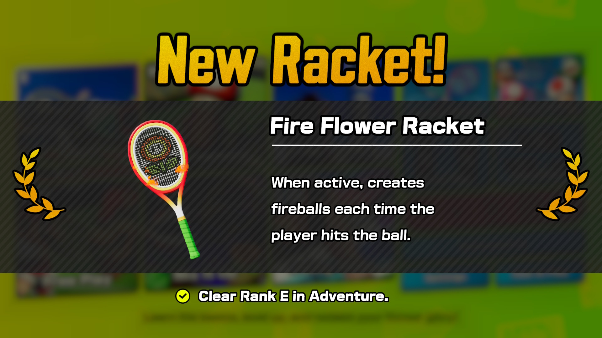 A screenshot from Mario Tennis Fever showing a new racket screen
