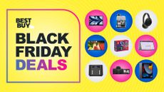 Collage of tech products from the Best Buy black friday sale including apple macbook, LG TV, Sony headphones, Ninja Air Fryer and Nintendo Switch