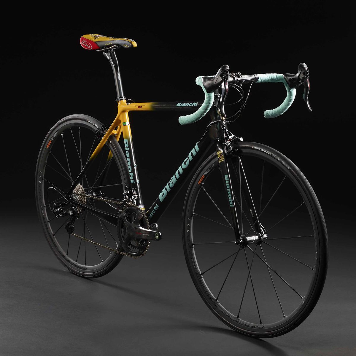 The Bianchi Specialissima livery marks the 20th anniversary of the late Marco Pantani's win at Oropa.