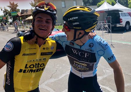 Sepp Kuss and Neilson Powless celebrate their one-two finish during stage 2 at the Tour of Utah