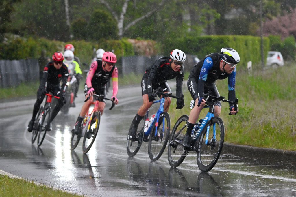 VERNIER SWITZERLAND APRIL 28 LR Marco Brenner of Germany and Tudor Pro Cycling Team Darren Rafferty of Ireland and Team EF Education EasyPost Alexandre Balmer of Switzerland and Team Swiss Cycling and Remi Cavagna of France and Movistar Team compete in the breakaway during the 77th Tour De Romandie 2024 Stage 5 a 1508km stage from Vernier to Vernier UCIWT on April 28 2024 in Vernier Switzerland Photo by Luc ClaessenGetty Images