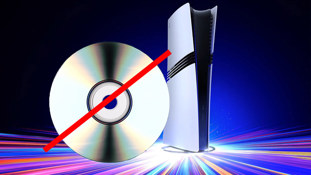 A PS5 Pro and a disc with a red line through it