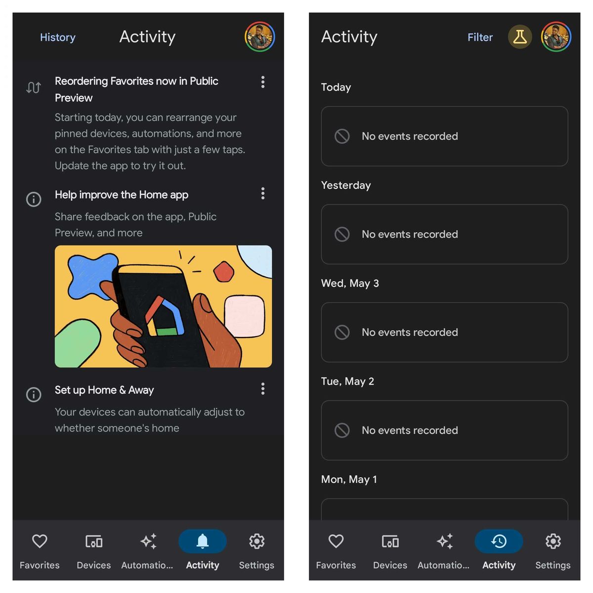 Google Home activity feed changes, before and after