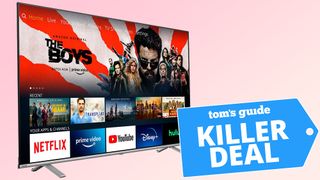 toshiba fire tv 4k on peach background with killer deal tag