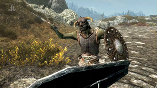 A screengrab of the player attackinmg a creature in Skyrim VR