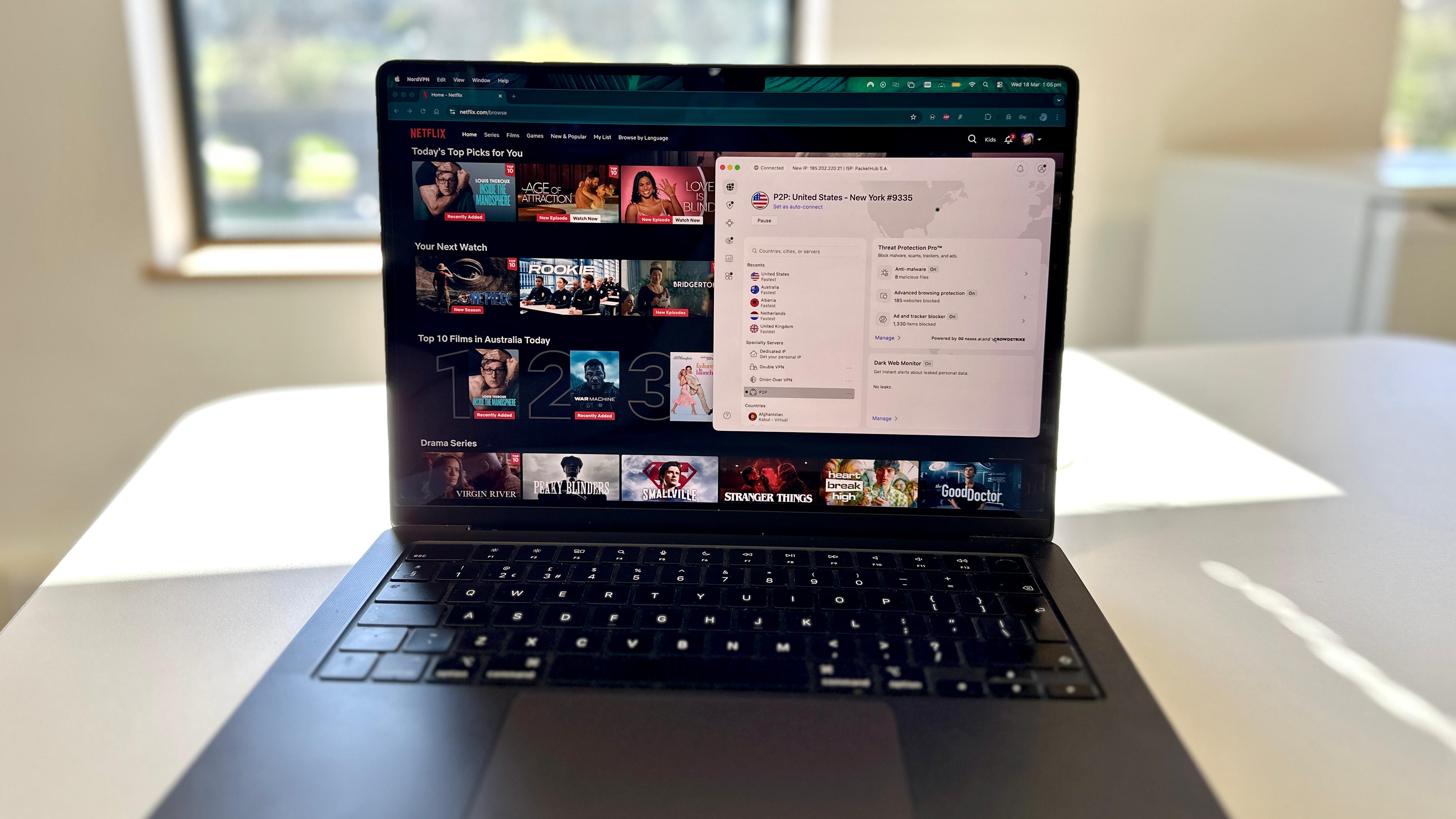 NordVPN being used on a 2024 MacBook Pro to unblock the US Netflix catalog.