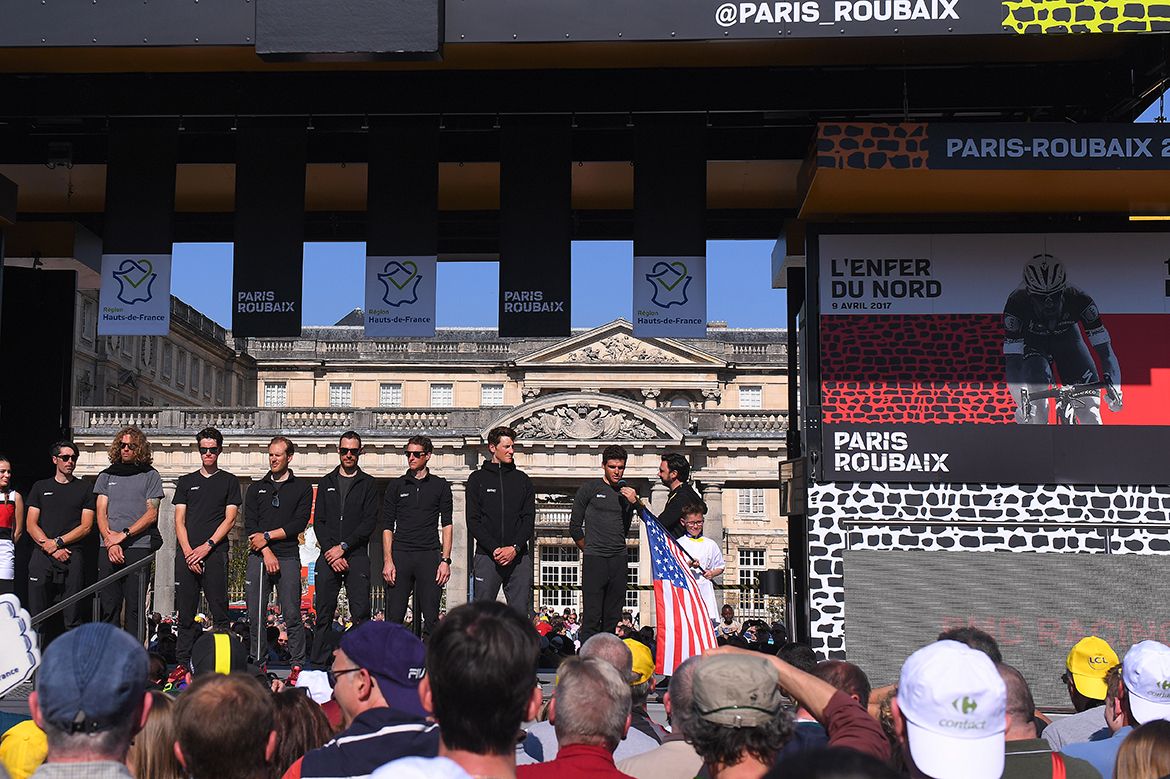 Greg Van Avermaet answers a few questions at the Paris-Roubaix team presentation