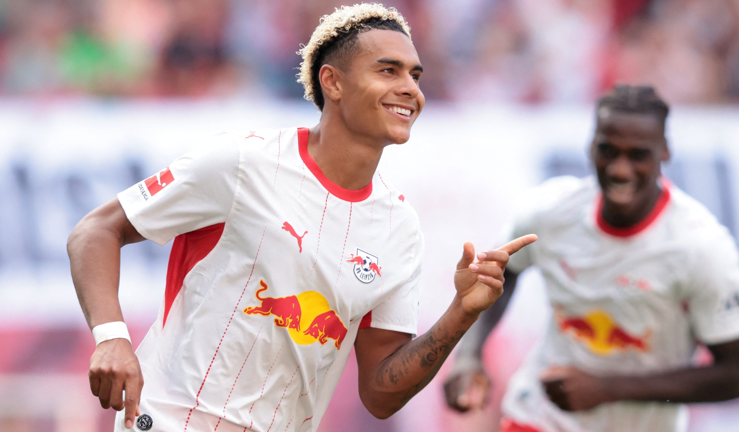 Leipzig's Norwegian forward Antonio Nusa celebrates scoring the team's second goal of the Bundesliga football match against Borussia Moenchengladbach in Leipzig, eastern Germany, on August 29, 2026.