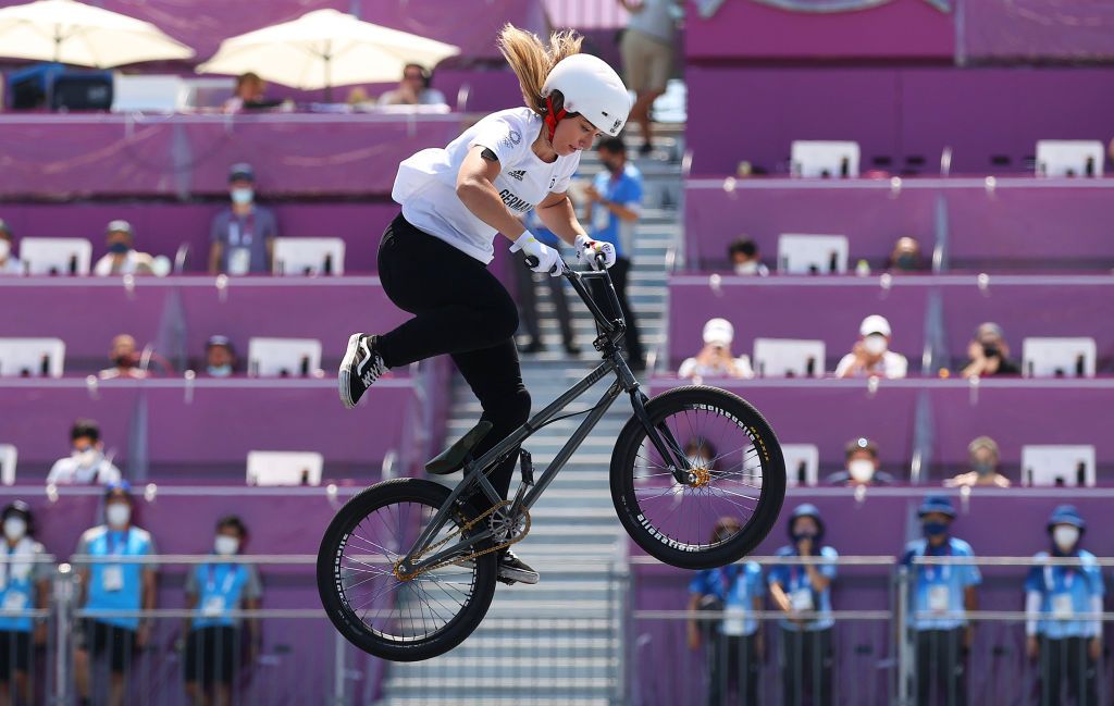 TOKYO JAPAN AUGUST 01 Lara Lessmann of Team Germany competes during the Womens Park Final run 2 of the BMX Freestyle on day nine of the Tokyo 2020 Olympic Games at Ariake Urban Sports Park on August 01 2021 in Tokyo Japan Photo by Ezra ShawGetty Images
