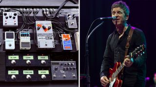LEFT: Pedalboard: Noel Gallagher's Instgram. RIGHT: Noel Gallagher of Noel Gallagher's High Flying Birds performs at The Lighthouse on March 17, 2024 in Poole, England. 