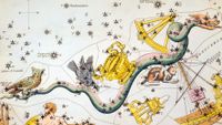 A stylized 19th century drawing of the constellation Hydra representing it as a mythological dragon with a chalice and birds riding on its back.