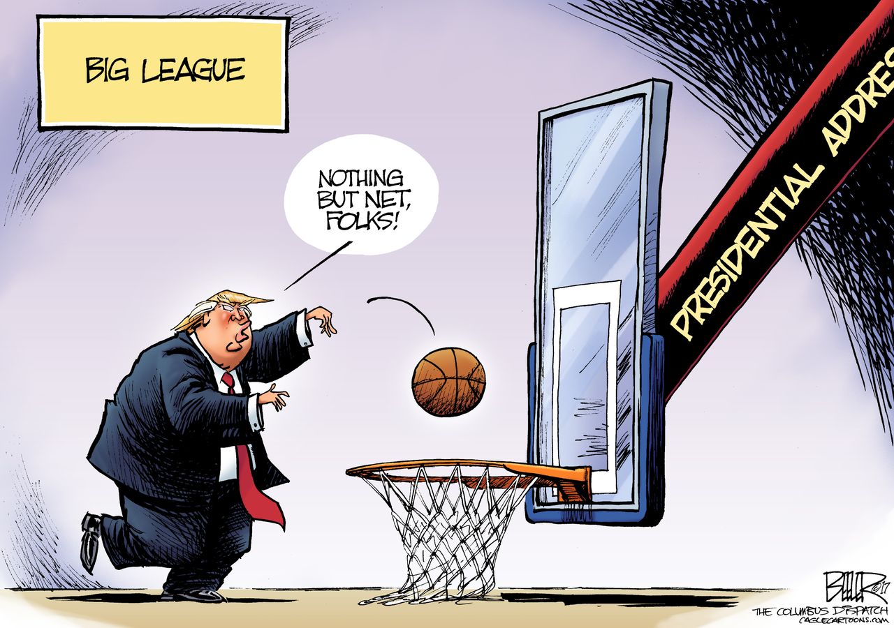 Political Cartoon U.S. Donald Trump Presidential Address basketball