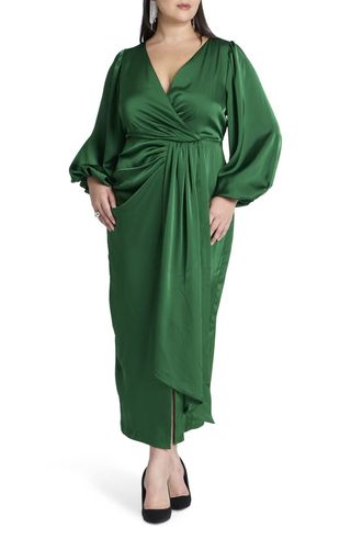 Ruched Puff Shoulder Satin Maxi Dress