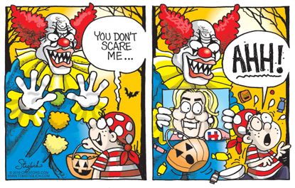 Political cartoon U.S. 2016 election Hillary Clinton clown Halloween