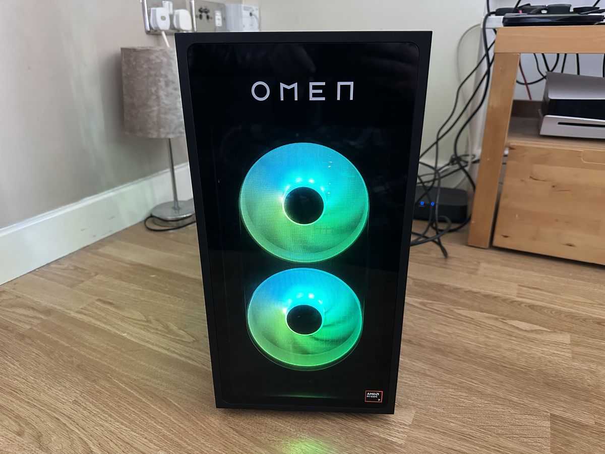 The HP Omen 35L from the front, showing the Omen logo above two intake fans