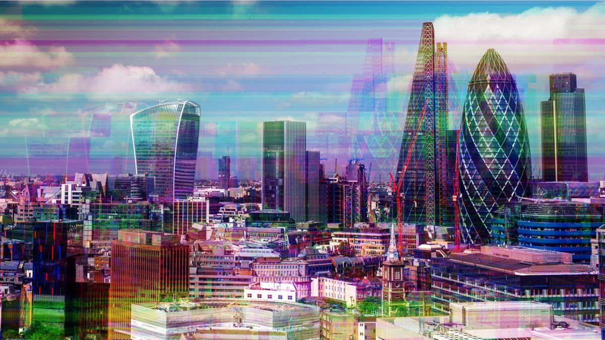 Abstract image showing London&amp;#039;s city skyline with a glitch effect