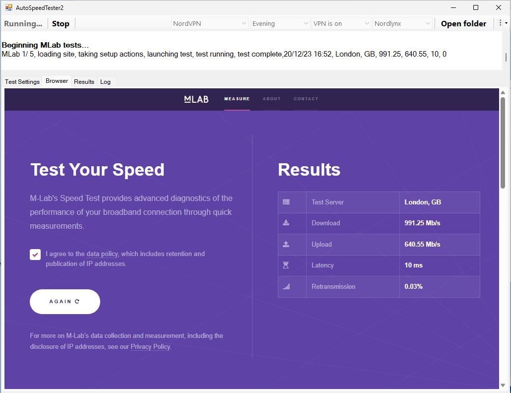 NordVPN speed test on MLab showing 991.25 Mbps