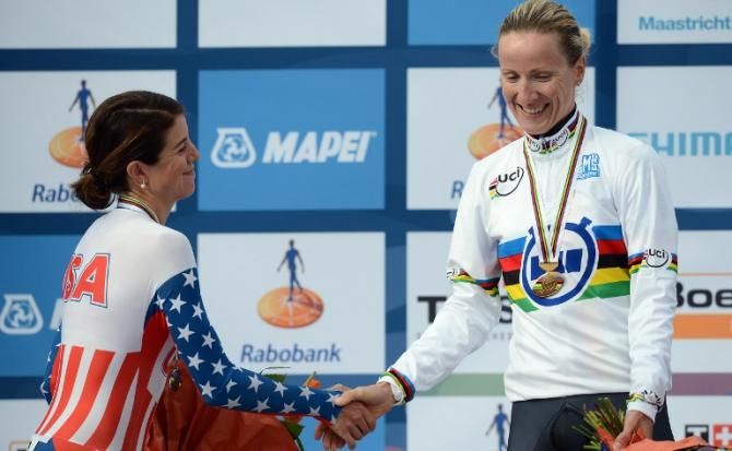 Women's time trial world championship silver medalist Evelyn Stevens (USA) congratulates world champion Judith Arndt (Germany).