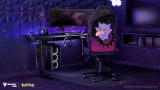 The Pikachu, Eevee, and Gengar editions of the Secretlab Titan Evo gaming chair are seen in various gaming PC desk setups.