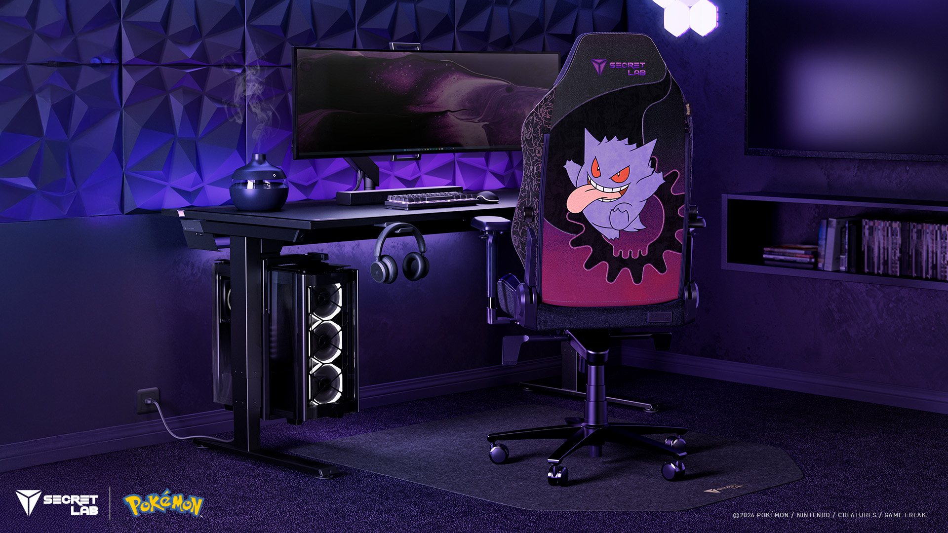 The Pikachu, Eevee, and Gengar editions of the Secretlab Titan Evo gaming chair are seen in various gaming PC desk setups.