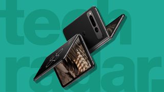 Best foldable Phones banner with Google Pixel Fold phones half open from front and back