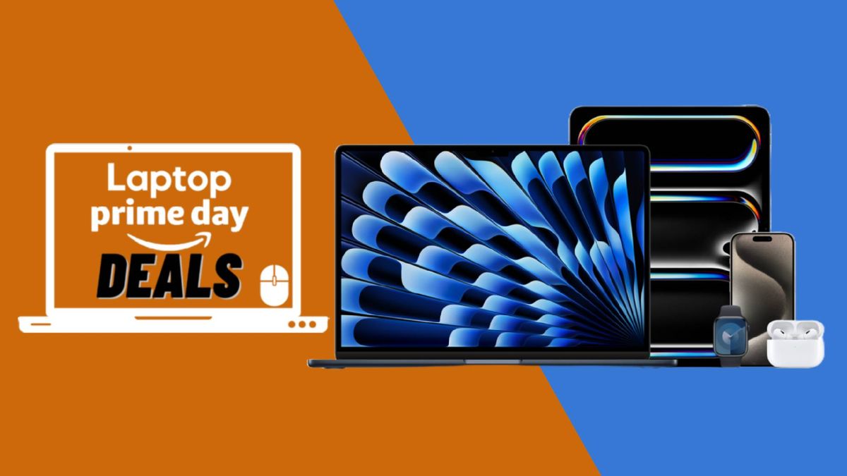 Best Prime Day Apple deals, Apple devices against orange and blue background