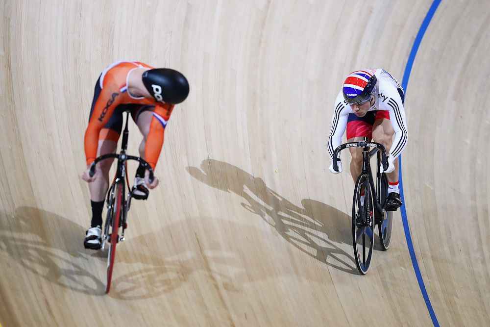 Ryan Owens of Great Britain and Roy van den Berg of the Netherlands compete in the Men's Sprint 1/8 Finals