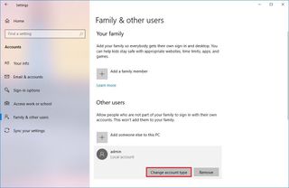 Windows 10 change account type option