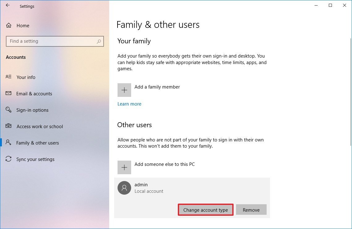 Windows 10 change account type option