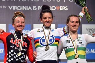 Junior women's time trial podium (l-r): Emma White (USA), Chloe Dygert (USA), Anna-Leeza Hull (Australia)