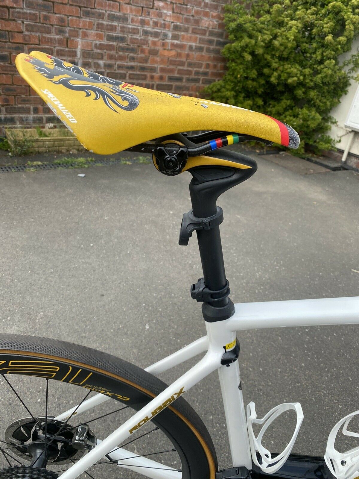 The bike&rsquo;s special-edition Specialized Chicane saddle, CG-R seatpost and Roval wheels, complete with gold decals