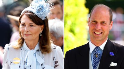 Composite of Carole Middleton wearing a blue dress and Prince William in a black suit at Royal Ascot 2024