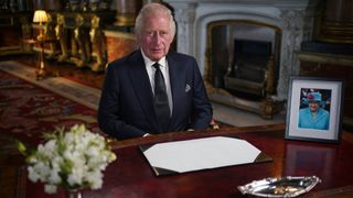 King Charles III makes a televised address to the Nation and the Commonwealth from the Blue Drawing Room
