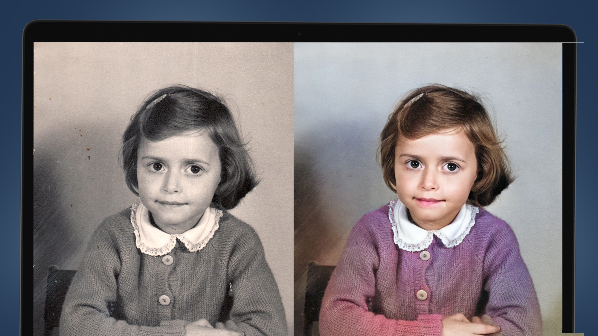 Retrato de una niña restaurado en Photoshop en una computadora portátil.