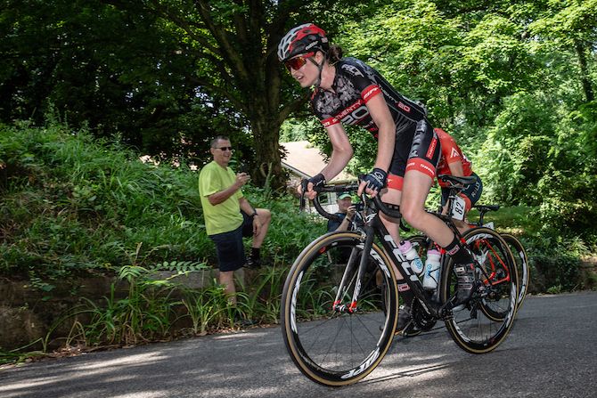 Margot Clyne (TWENTY20) leads a break during the US Pro Road Race National Championships on June 24, 2018 in Knoxville, Tennessee