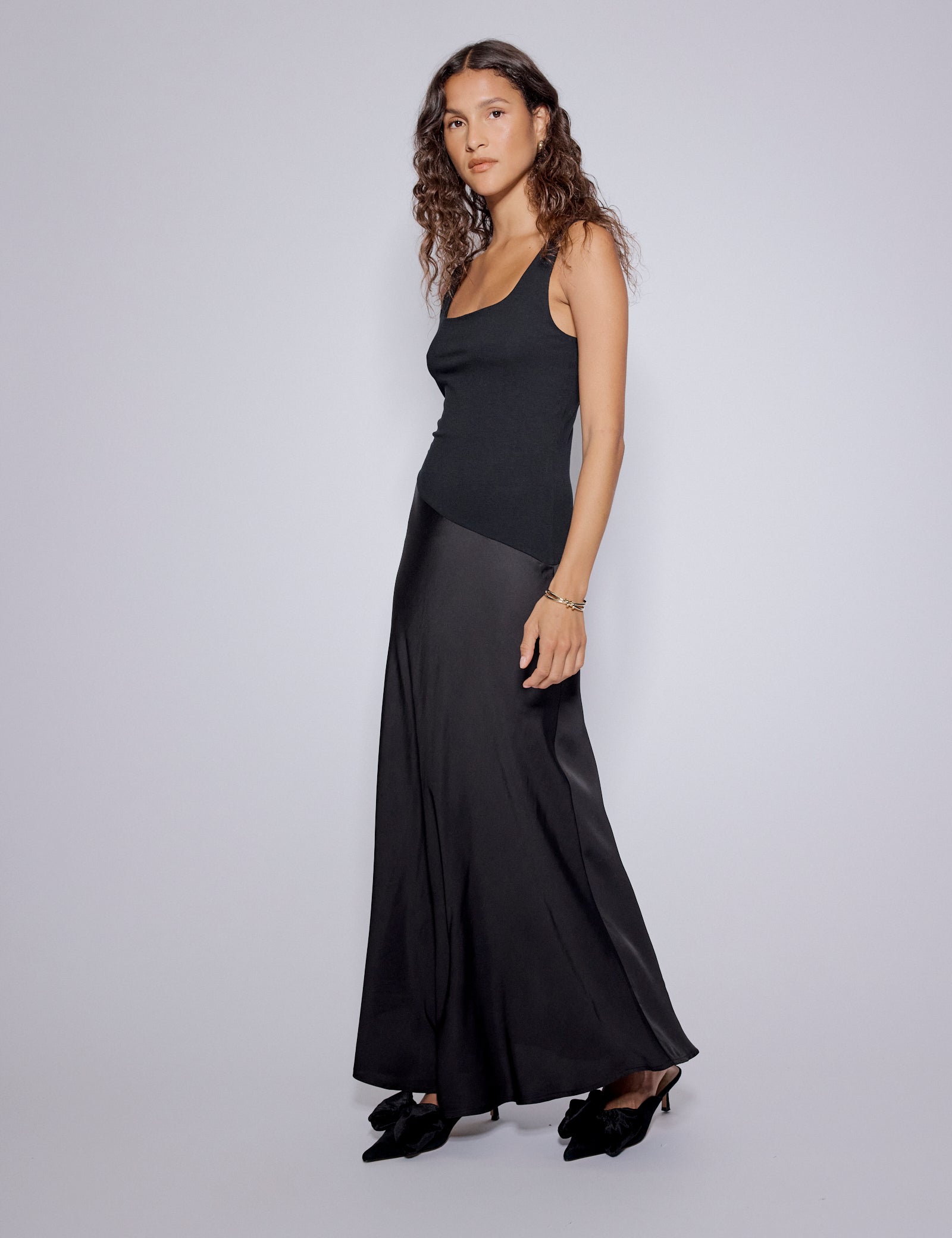 Black Asymmetrical Drop Waist Valentina Midi Dress