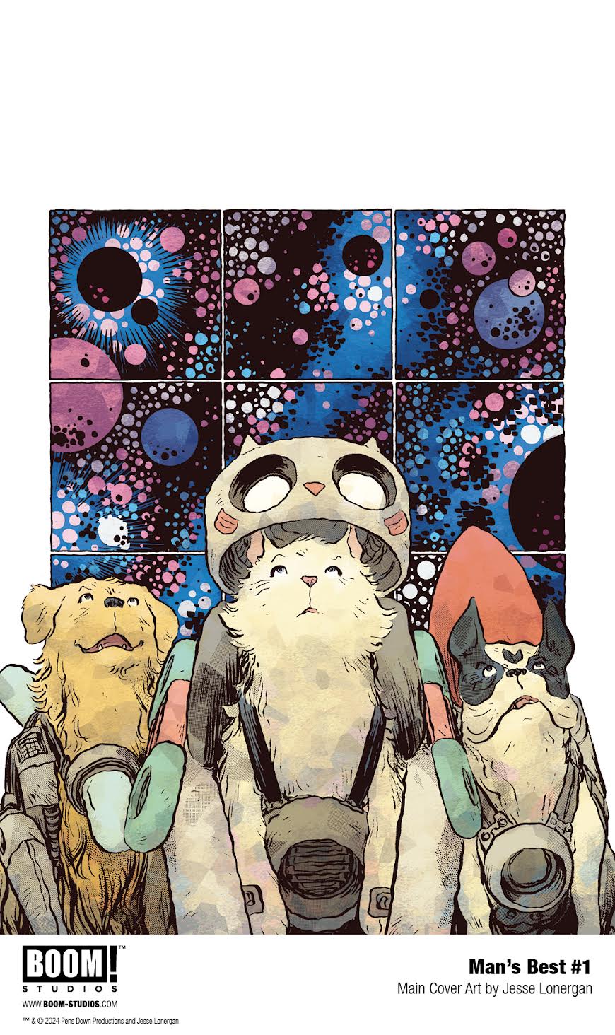 two dogs and a cat wear space suits and look up at planets and stars in deep space